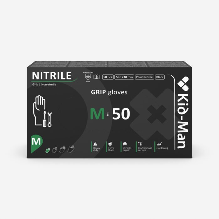 Kid-man juodos grip nitrilinės pirštinės n50, dydis m