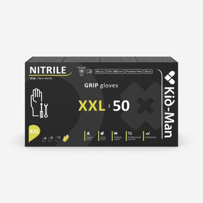Kid-man black grip nitrilinės pirštinės n50, dydis xxl