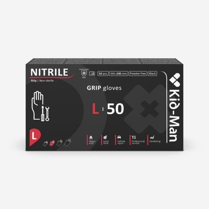 Kid-man black grip nitrilinės pirštinės n50, dydis l