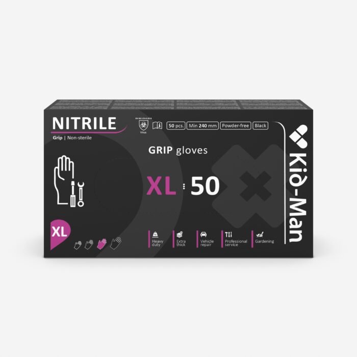 Kid-man black grip nitrilinės pirštinės n50, dydis xl