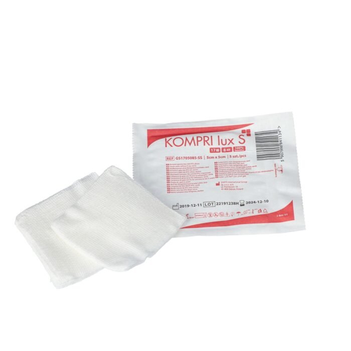 Kompri lux s sterilūs marlės tamponai be rentgeno siūlo, 17 dygsnių, 8 sluoksnių, 5 cm x 5 cm x 5 vnt.