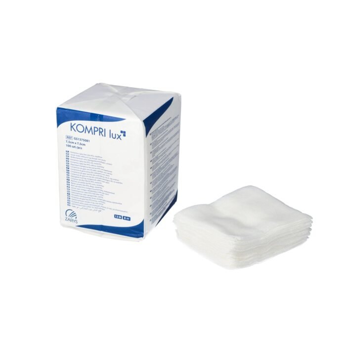 Kompri lux marlės tamponai be rentgeno siūlo, nesterilūs, 13 dygsnių, 8 sluoksnių, 7,5 cm x 7,5 cm x 100 vnt.