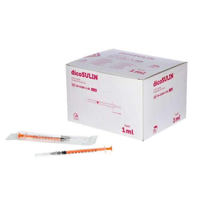 Dicosulin_insulino švirkštas su adata, sterilus, 1 ml (100 i.u/ml), 0,40 mm x 13 mm, oranžinis stūmoklis, be ftalatų_a100